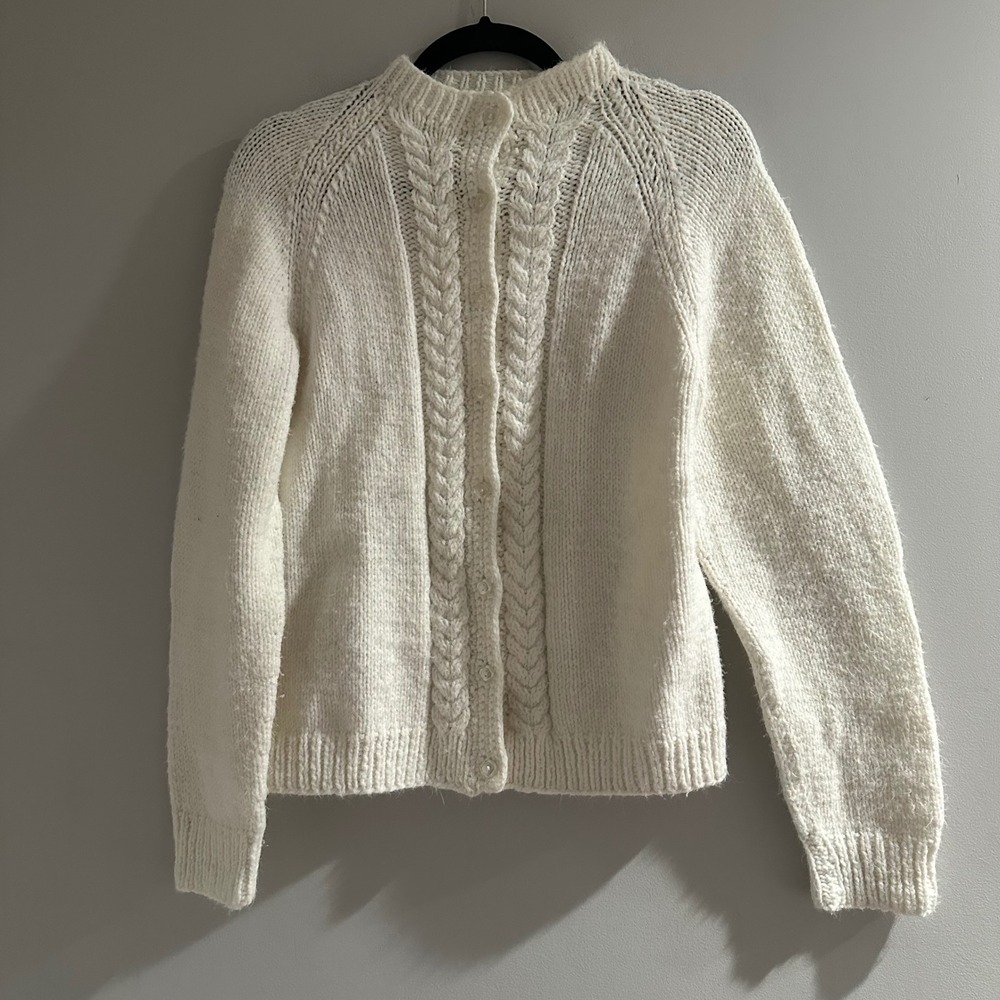 Vintage Cable Knit Cardigan‎ Womens Small White Good Chunky Button Front Raglan